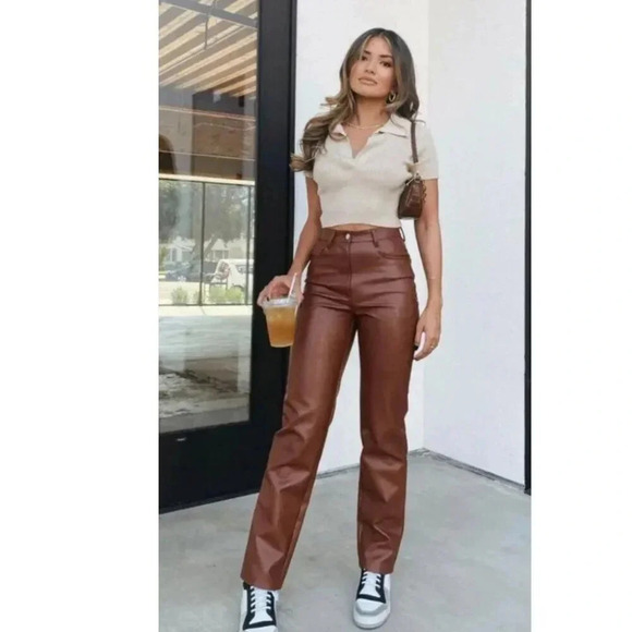 Aritzia Wilfred The Melina Pant High Waisted Vegan Leather Pants Brown Size 4 - Picture 9 of 9